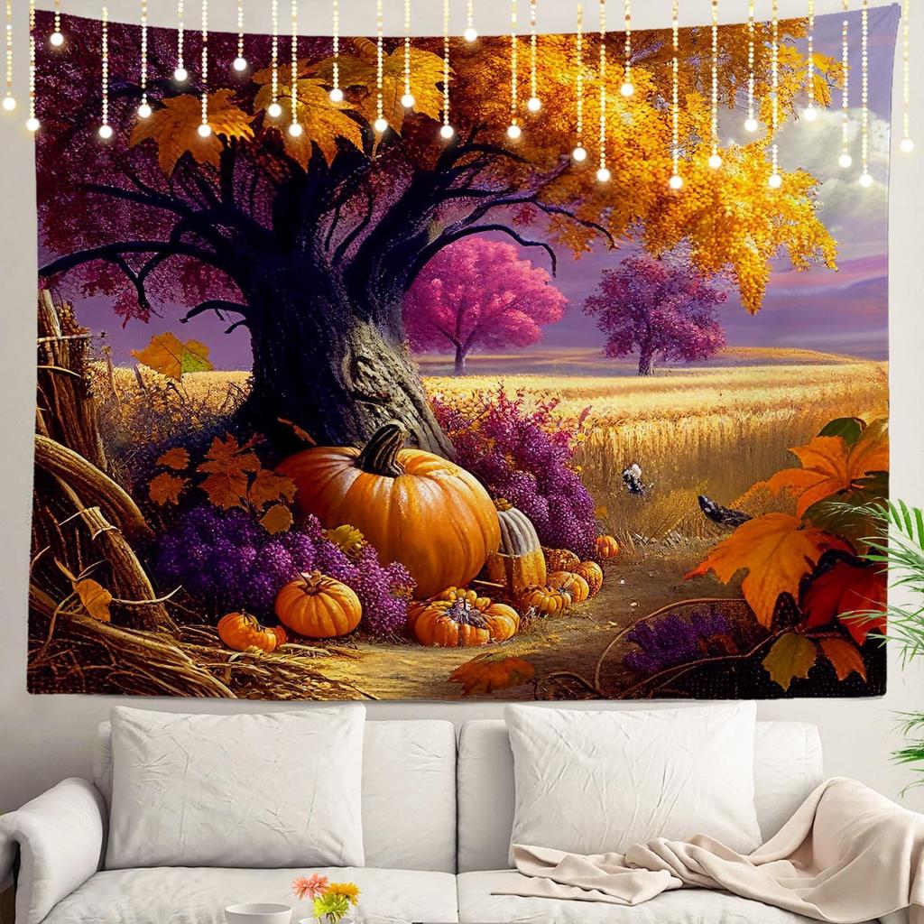 Autumn Harvest Tapestry Pumpkin Maple Tree Wall Art Thanksgiving Decor for Dorm Bedroom