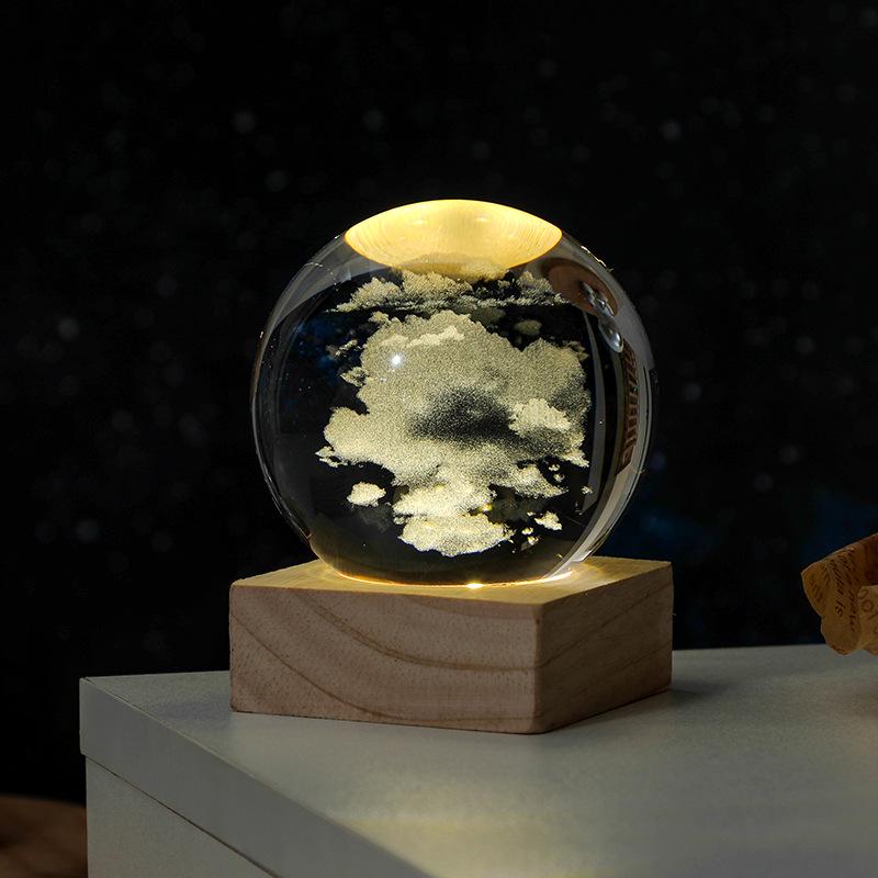 3D Solar System Crystal Ball Night Light with Wooden Base - Luminous Desktop Home Decor & Birthday Gift