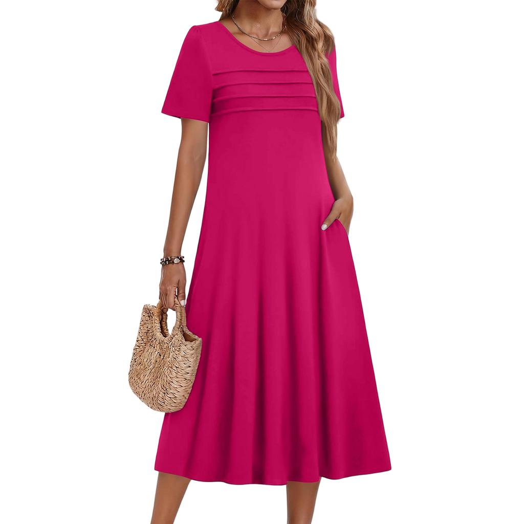 Женское повседневное модное платье с короткими рукавами и круглым вырезом.