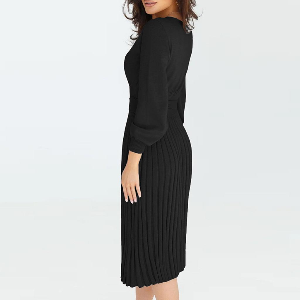 Women's Fashion Casual Solid Color Round Neck Long Sleeves Knitted Slim Fit Pleated Dress