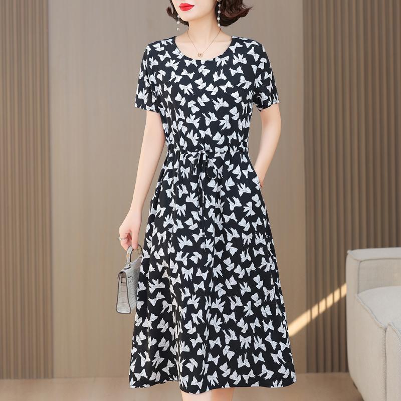 Plus Size Casual Summer Women's Dresses Elegant Slim Short Sleeve Vintage Print Long Dress Female Summer Clothes