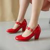 New Designer Shoes Women Mary Jane Round Toe Mid Heels Lady Shoes Chunky Heels Wedding Pumps Pink Yellow Women Shoes