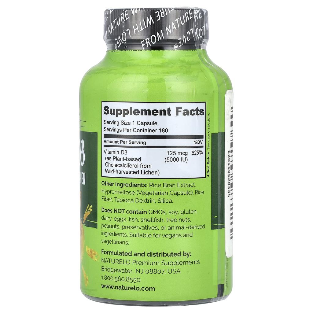 Vitamin D3, Plant-Based, 125Mcg (5,000Iu), 180 Easy-to-Swallow Capsules