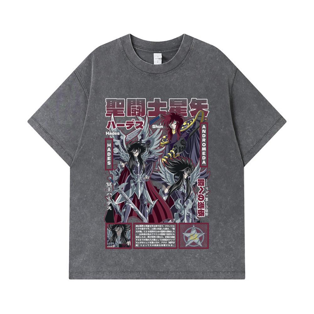 Стиранные футболки 275 г/м² 100% Хлопок Saint Seiya V4 Принт Аида Унисекс Тяжелая Хлопковая Футболка