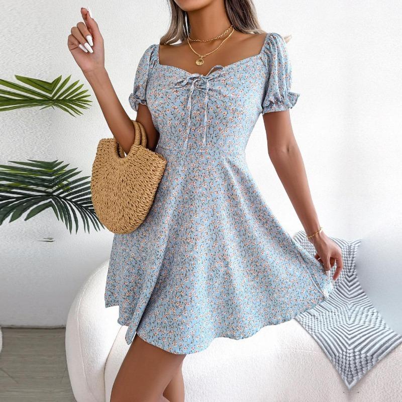Женское весенне-летнее повседневное платье-халат с расклешенными рукавами, шнуровкой и цветочным принтом