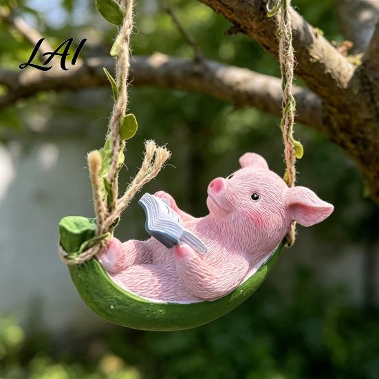 Resin Pig Sculpture Hanging Figurine Cute Piggy Lying in Hammock Reading Sun-resistant Decor Book Ornament Waterproof Animal for Indoor Outdoor