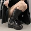 Модные женские сапоги на платформе, высокие кожаные туфли до колена, женские туфли на плоской подошве, тренд 2025 года, дизайнерская мода, зимние новые зимние мотоциклетные сапоги Mujer
