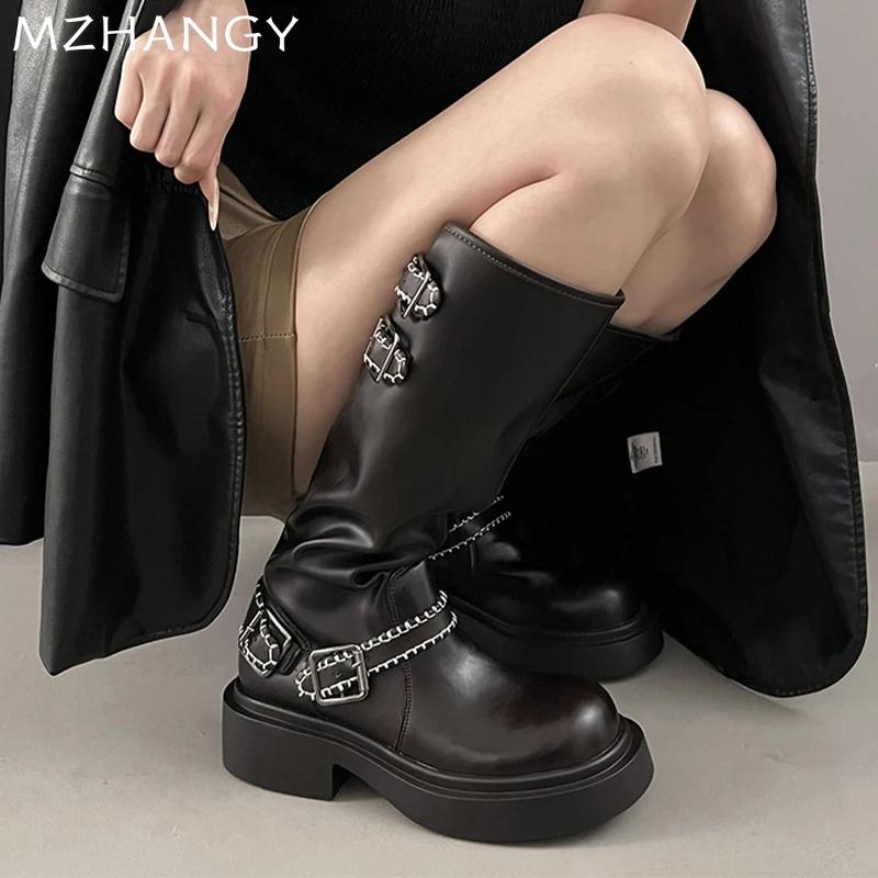 Модные женские сапоги на платформе, высокие кожаные туфли до колена, женские туфли на плоской подошве, тренд 2025 года, дизайнерская мода, зимние новые зимние мотоциклетные сапоги Mujer
