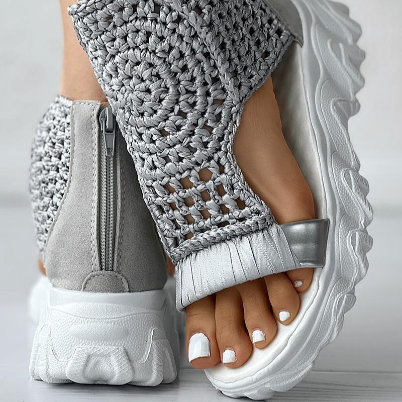 Sandals Women Braided Geometric Wedge Sandals Knitted Elastic Summer Shoes Mesh Flat Sandals Hollow Female Platform Shoes Gold