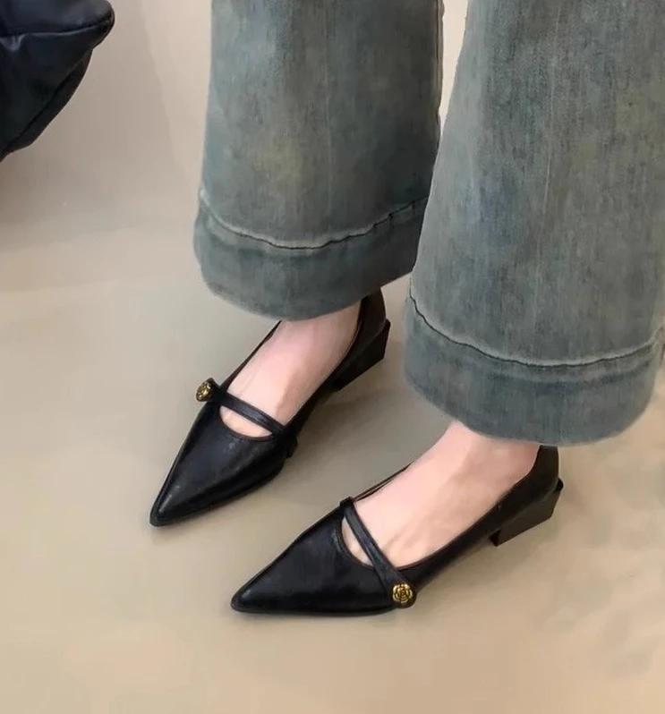 Винтажные туфли на низком каблуке женская обувь 2025 весна и лето новая мода золотая пряжка остроносые на толстом каблуке маленькие кожаные туфли