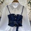 Korean Series Wear Age-Reducing Set Retro Denim Cami Stacked All-Matching Puff Sleeve Shirts Two-piece Set Top