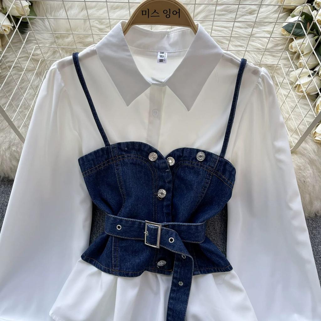 Korean Series Wear Age-Reducing Set Retro Denim Cami Stacked All-Matching Puff Sleeve Shirts Two-piece Set Top