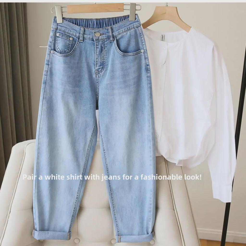 Женские эластичные джинсы с высокой талией и свободным кроем - новый стиль 2025 года, длина Nine-Point, большой размер, шаровары