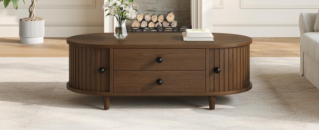 Round Coffee Table with Roller Doors, Walnut Wood, 2 Drawers, MDF Living Room Table, Solid Wood Legs, 100×50×36cm, up to 50kg Load Capacity