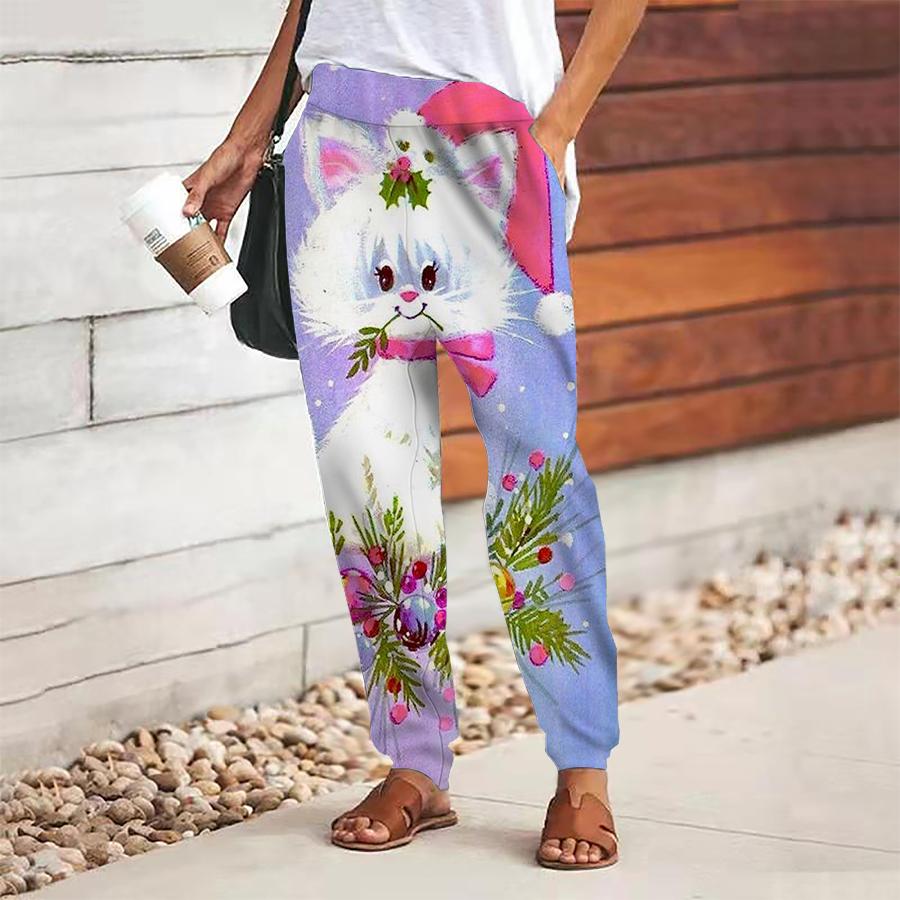 Женские брюки с принтом кошки, на шнуровке, с эластичной талией, свободные, повседневные длинные брюки, брюки с карманами