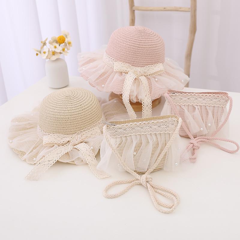 2 шт./компл., детская соломенная шляпа для девочек + упаковка, кружевная кепка от солнца с жемчужным бантом, летняя детская кепка для девочек, пляжная детская шляпа принцессы, рыбацкие шляпы, реквизит для фотографий