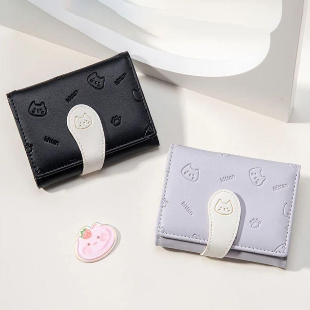 Кошелек для удостоверения личности для девочек с принтом котенка, женские сумки для денег из искусственной кожи, новый короткий милый маленький кошелек