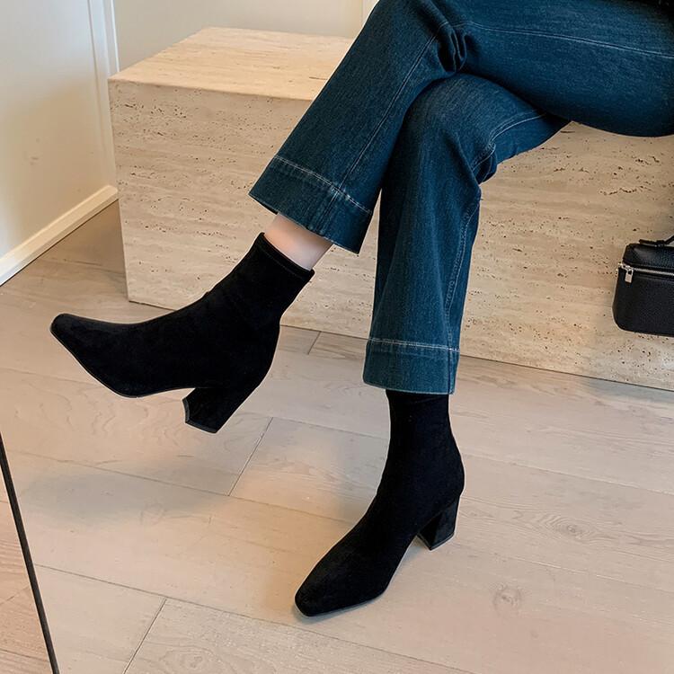Intellectual elegance commuter high heel thin boots 2025 autumn and winter new small square head side zipper elastic bag legs short boots women