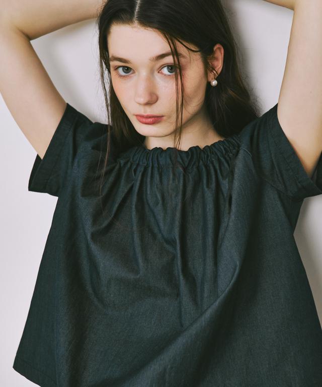 RONRON Shirring Neck Blouse Deep Denim