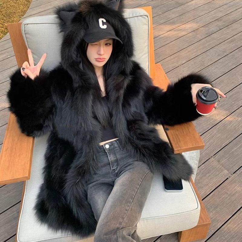 Новая имитация лисьего меха легкая меховая куртка с капюшоном с ушками милая пушистая осенне-зимняя утолщенная средней длины