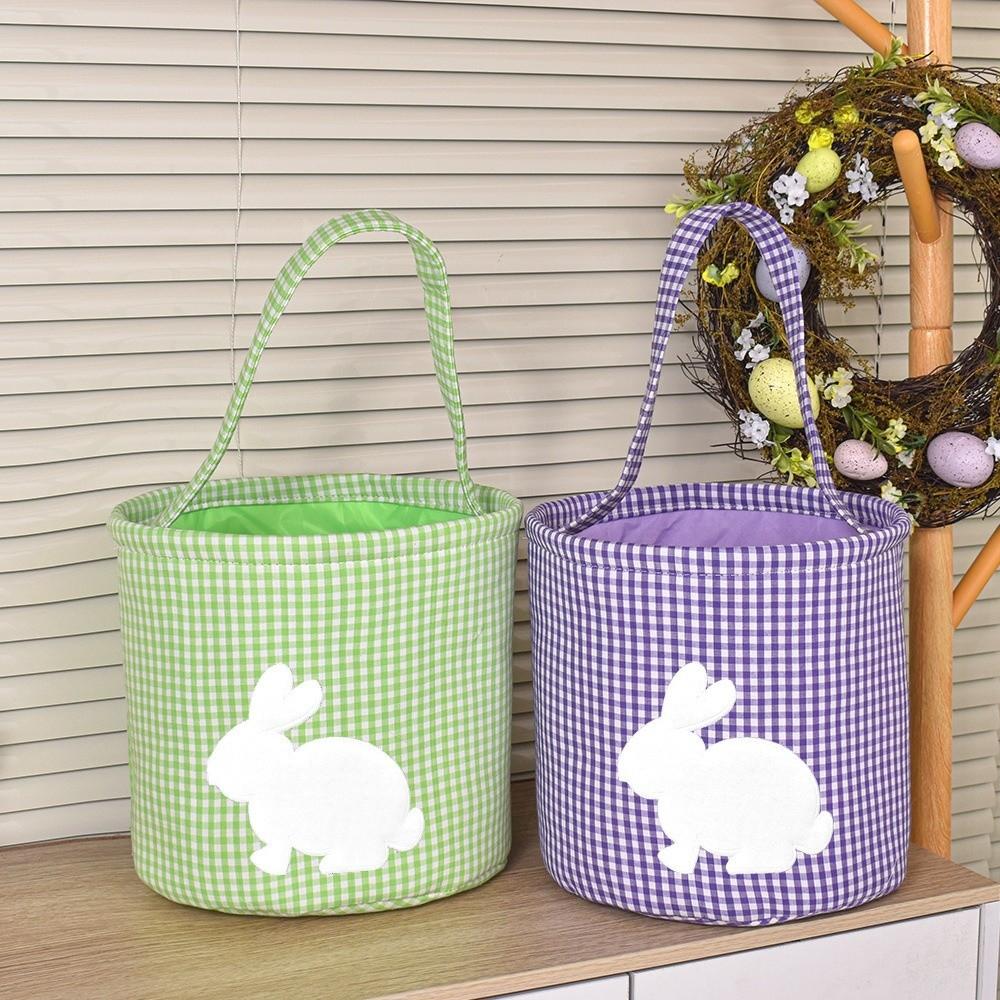 Embroidery Easter Rabbit Basket Plaid Easter Gift Basket Reusable Toys Storage Bag  Nursery Storage