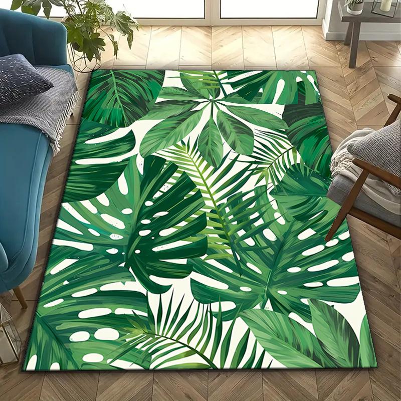 Tropical Leaf Area Rug, Crystal Velvet, Non Slip Mat, Green White Design, Perfect for Bedroom Living Room Office Decor
