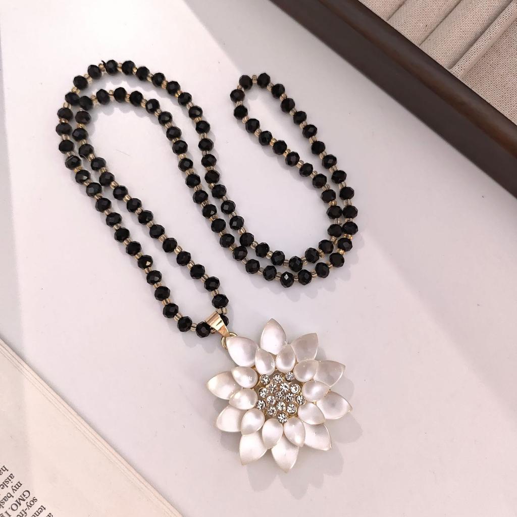 Хрустальный цветок двойная подвеска цепочка для свитера цепочка из черных бусин длинное ожерелье модное в стиле легкой роскоши женские универсальные аксессуары для одежды
