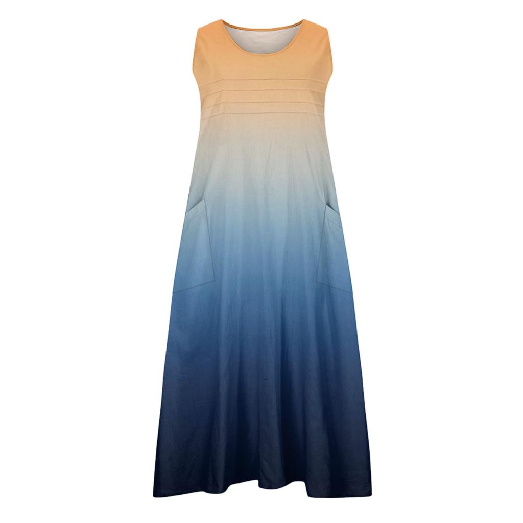 Женское модное пляжное платье без рукавов с круглым вырезом и карманами, длинные платья с градиентом