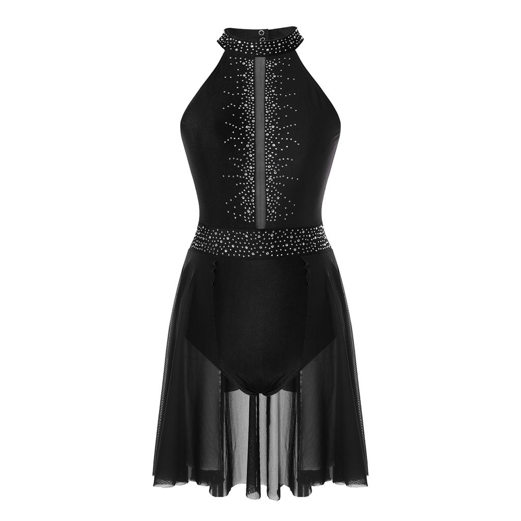 Женский балетный трико без рукавов с блестящими стразами, гимнастический балетный трико с лямкой на шее, лирический танцевальный костюм