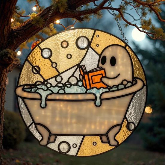 Bath-Time Ghost Reader Ornaments Cute Ghost Reading Book In A Bathtub Acrylic Hanging Suncatcher for Bathroom Window Wall Decoration