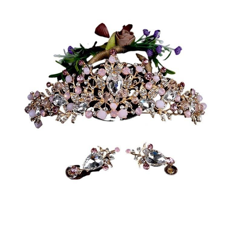 Свадебная тиара золотая корона аксессуары для свадебного платья серьги набор аксессуаров для волос розовая хрустальная корона