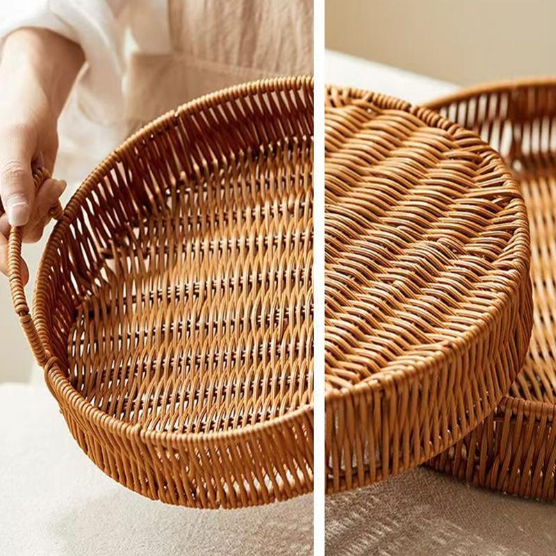 Пищевая тарелка ручной работы из пластика имитация ротанга поднос для хранения круглой формы корзина для хранения фруктов овощей торта с ручкой