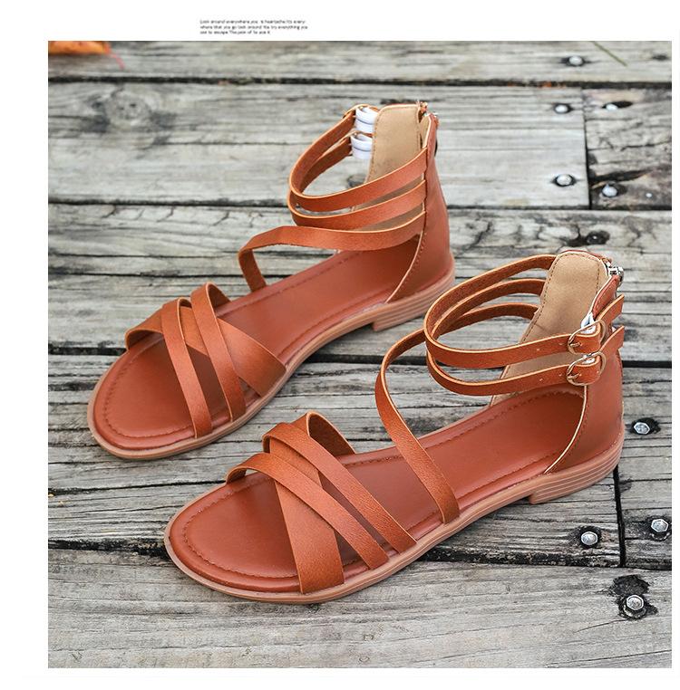 Внешняя торговля 2024 летние новые европейские и американские женские римские сандалии большого размера с плоской подошвой и круглой головкой сзади на молнии