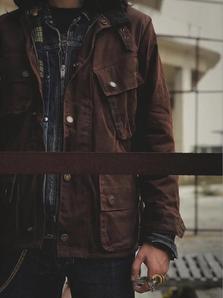 Мужская куртка-ветровка Shenwu American Retro из вощеной ткани для мотоциклистов - зимняя, цвета хаки