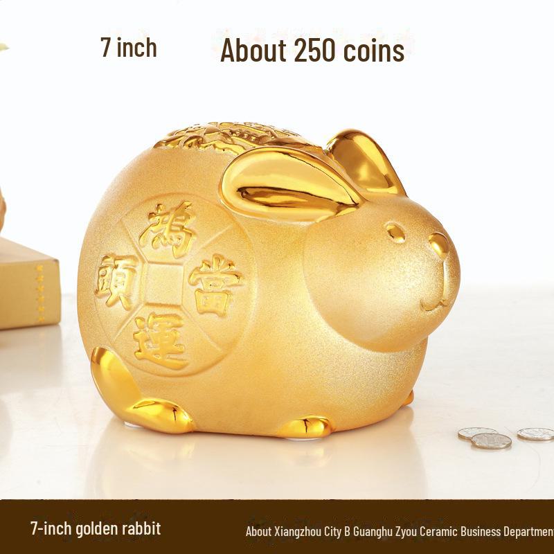 Керамическая копилка с золотым кроликом на удачу - креативный подарок и украшение для дома