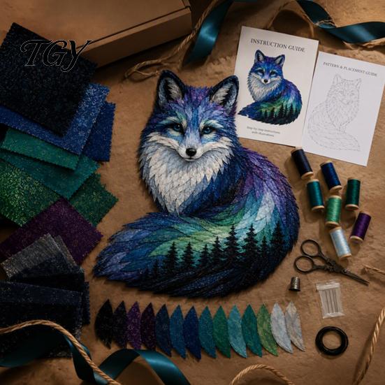 Artistic Fabric Patchwork Kit Northern Lights Wildlife Kit, DIY Animal Craft Creative Wall Hanging Sewing Project for Adults, Handmade Home