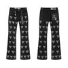 Distressed Washed Denim Jeans Men Slim Fit Flared Leg Embroidery Rhinestone Vintage Streetwear