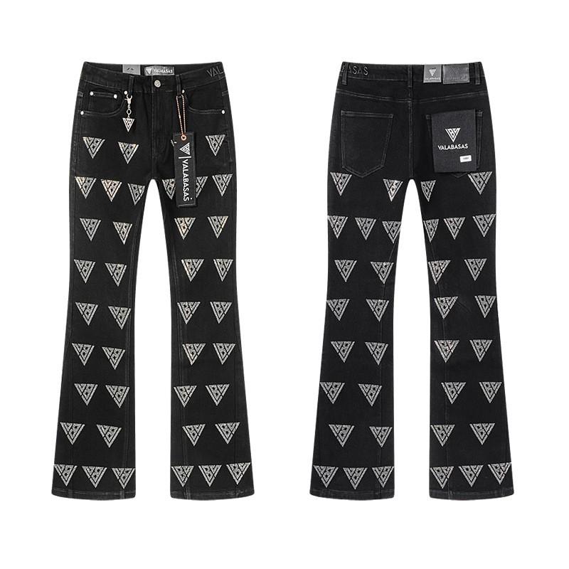 Distressed Washed Denim Jeans Men Slim Fit Flared Leg Embroidery Rhinestone Vintage Streetwear