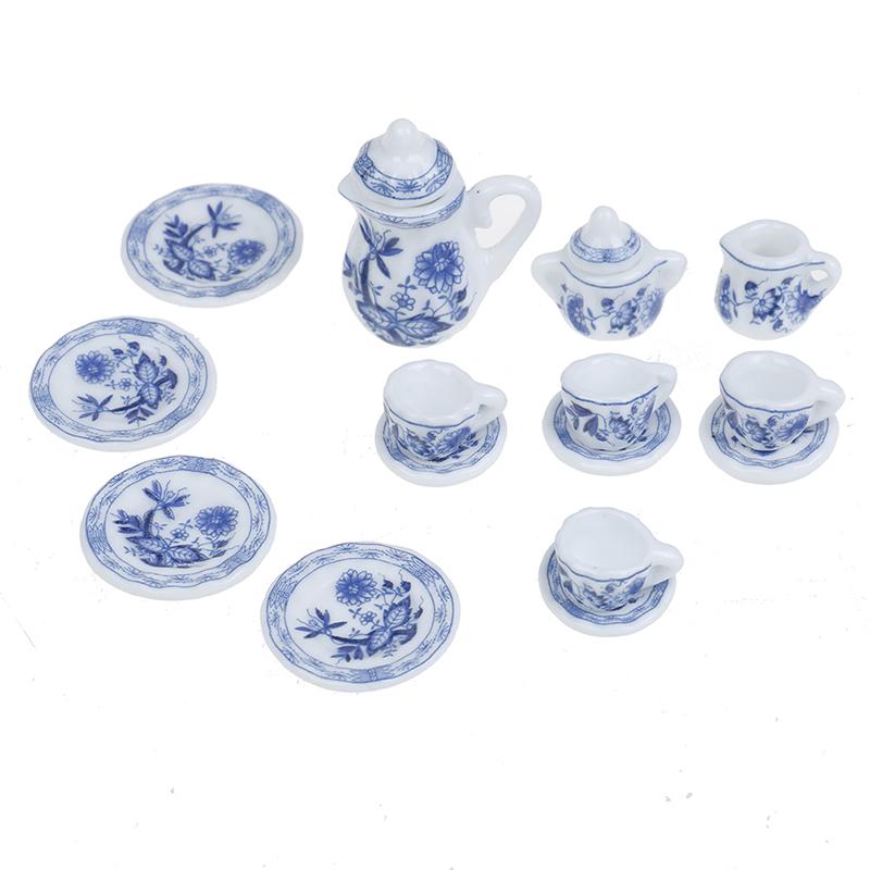 15Pcs Portable Blue Flower Tableware Porcelain Coffee Tea Cups Universal 1:12 Dollhouse Miniature
