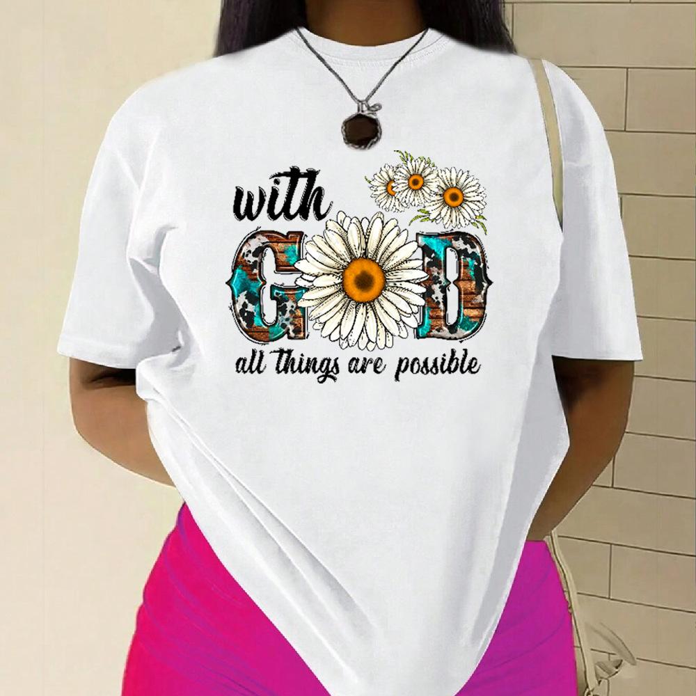 Хлопковая футболка с коротким рукавом и круглым вырезом, женская, с 2D-принтом, топы