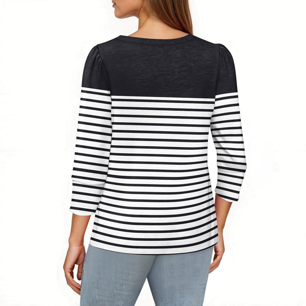 Women's Fashion Casual 3/4 Sleeve Print Shirt Women's V-Neck Tops