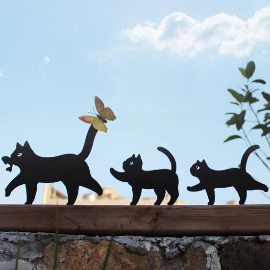 Yousheng Garden Cat Signs Metal Black Cat Silhouette Statues Bird Repellent Outdoor Decor Cat Mother And Kids Signs for Yard Lawn Decorations