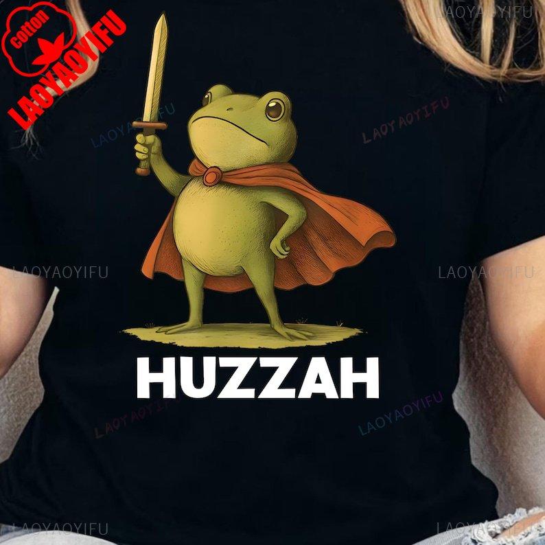 Women Shirts Popular Huzzah Frog with Sword Embroidered Medieval Funny Renaissance Faire Gift Casual Loose Tops Tee Shirt Short
