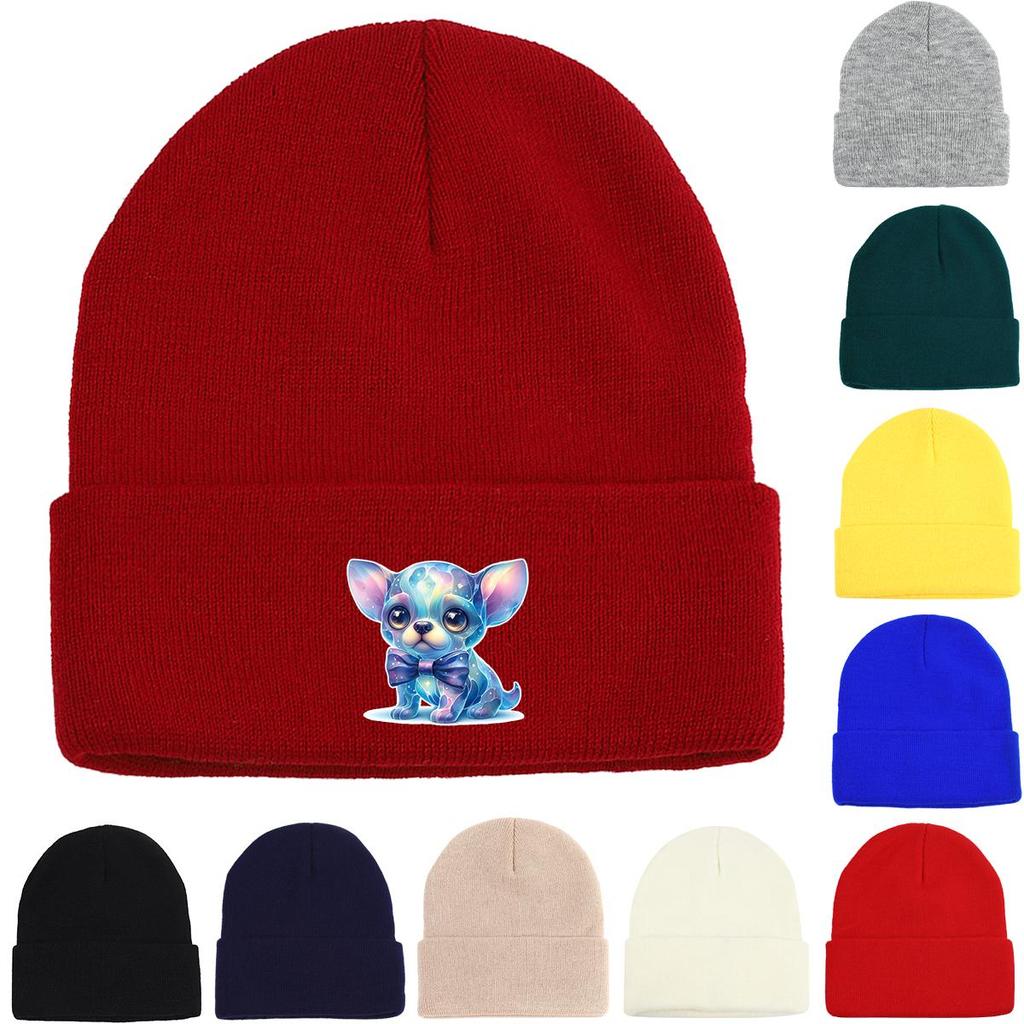 Fantastic Dog Print Knitted Cap Beanie, Animal Skullies Beanies Versatile Windproof Sporting Pompom Beanies Knitted Hat Beanie