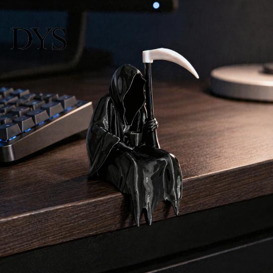 Dark Aesthetic Figurine 3D Printed Grim Reaper Statue with Coffee & Sickle, Gothic Desk Desktop Atmosphere Decoration Decor, Unique Art for