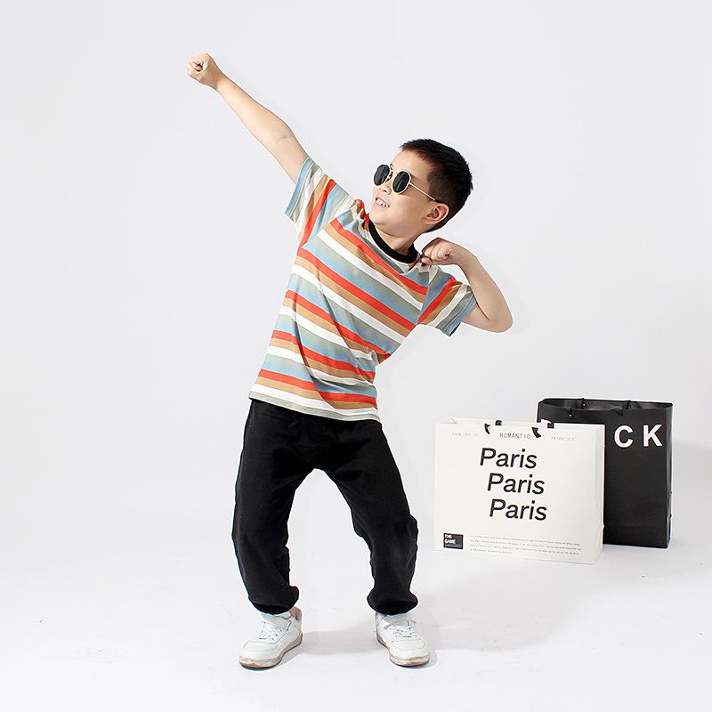 Детская одежда летняя корейская версия нового женского сокровища с коротким рукавом для больших детей трикотажный полосатый топ для девочек с коротким рукавом футболка