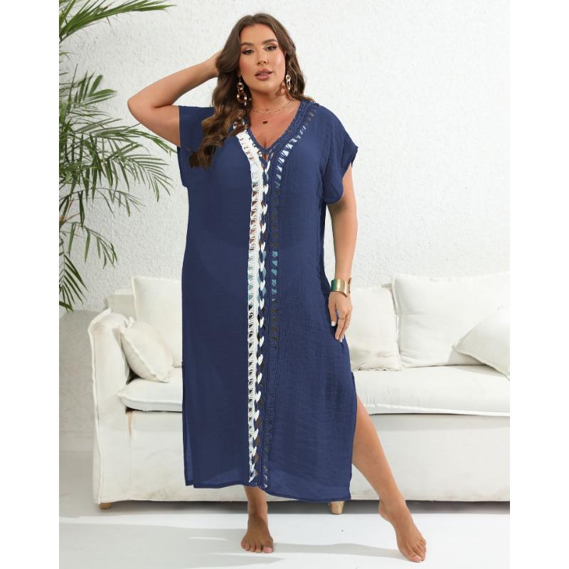 Holiday Beach Cover-Ups Plus Size Women's Cover Up Hand Hooked Clashing Colour Splicing Deep V Split Dress