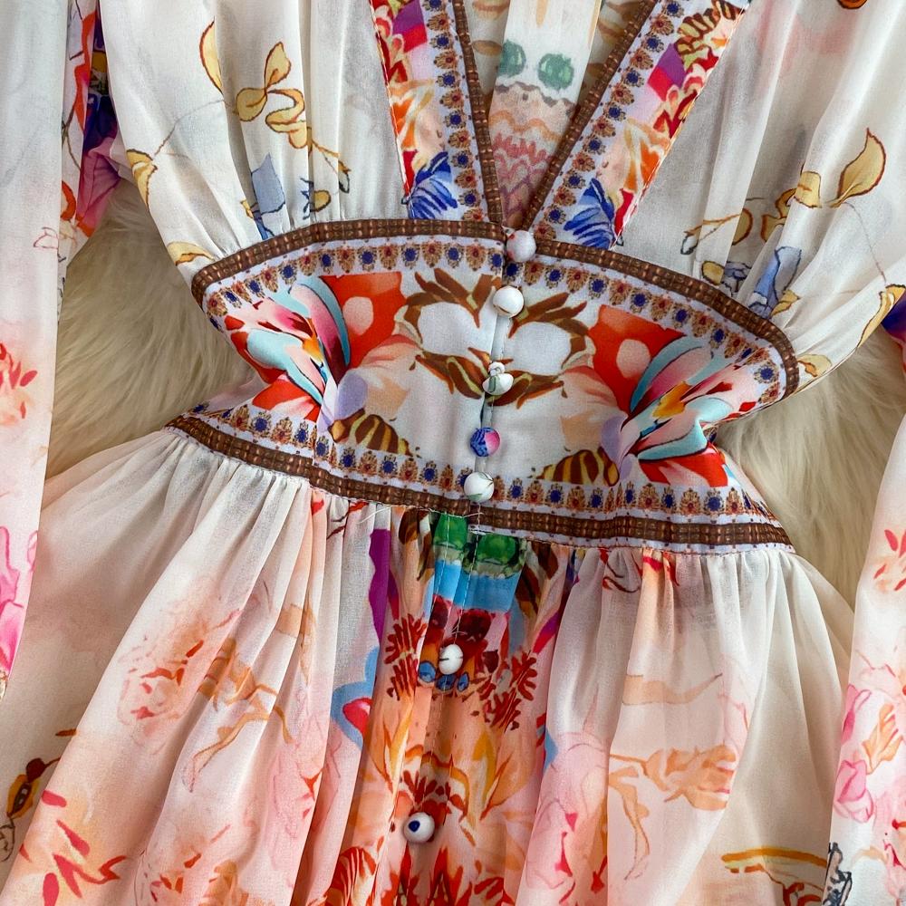 Однобортное свободное платье трапециевидной формы с длинными рукавами и V-образным вырезом на талии и принтом Temperament