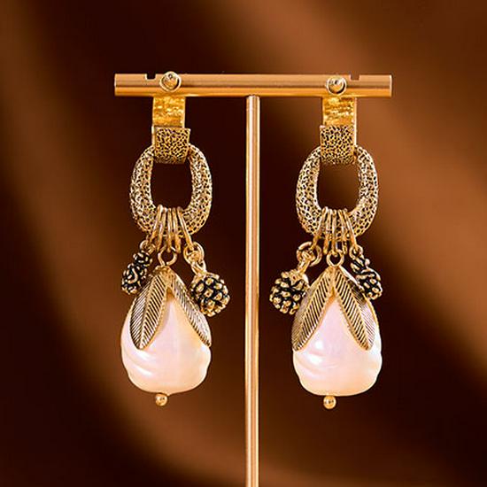 Pearl Earrings with Pine Cone & Leaf Design | Retro Fashion Round Rings | Elegant Dangle Style