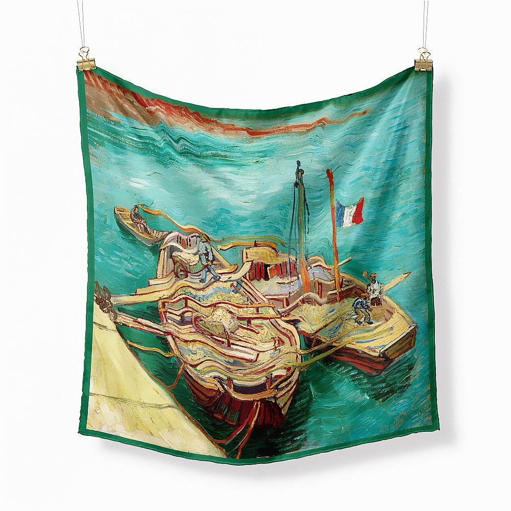 Famous Oil Painting Twill 100% Silk Scarf Fashion Bandana Women Scarf Wraps 53cm Square Scarves Hijab Head Scarf Neckerchief
